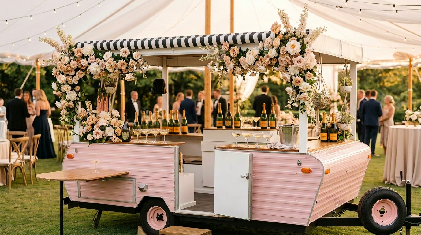 Vintage cream pop-up camper champagne bar at a golden-hour event with string lights and florals